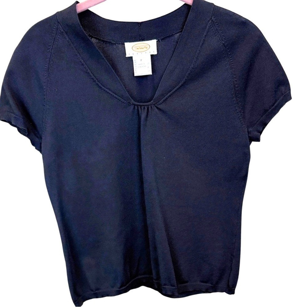 Talbots Petites Navy Blue V-Neck Short Sleeve Knit Top Size P Rayon Blend